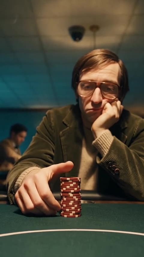 A hand resting on the felt beside a chip stack, the thumb positioned as a silent count signal.